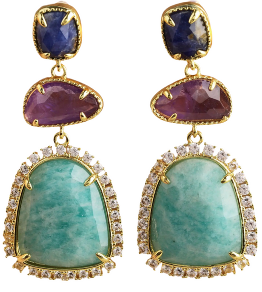 Luxurious Sadolite Amethyst Amazonite Gems Earrings